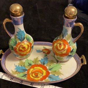 Lusterware dish and bottles.
